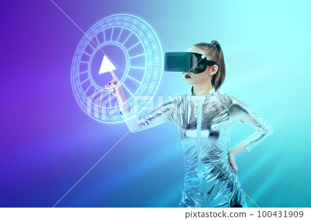 Asian woman using a virtual reality device 100431909