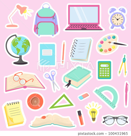 Collection of stickers with school supplies and stationery. Scrapbooking elements. School and education concept. Fashion patch badges. Collection of stickers with school supplies and stationery. Scrapbooking elements. School and education concept. Fashion patch badges. 100431965