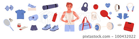 Various sport inventory set. Inventory for fitness ,athletics people, gym accessory. Different sport equipment. Isolated flat vector illustration. 100432022