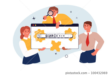 Business metaphor for search or research, development, web surfing and CEO concept. Search bars and Teamwokes. Flat vector illustration Business metaphor for search or research, development, web surfing and CEO concept. Search bars and Teamwokes. Flat vector illustration 100432069