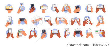 Hands holding smartphone. Phone applications for everyday life. People handling gadgets. Human hand touch smartphone screen. Flat vector illustration 100432073