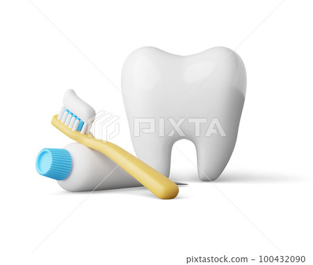 White teeth cute cartoon style decorated with yellow toothbrush and toothpaste tube 3d render White teeth cute cartoon style decorated with yellow toothbrush and toothpaste tube 3d render 100432090