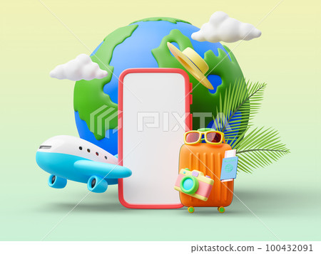 Cute cartoon style colorful travel concept with variety design element 3d render 100432091