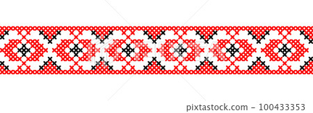 Ukrainian folk, ethnic pattern. Vector ornament, seamless border. Ukrainian folk, ethnic geometric embroidery. Pattern in red and black colors. Pixel art, vyshyvanka, cross stitch 100433353
