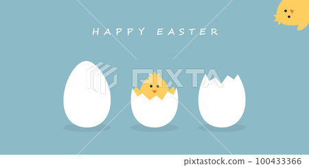 happy easter minimal design with egg and little chick on blue background 100433366