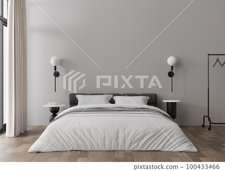 Interior mock up, loft style. Empty wall in modern bedroom. Copy space for your artwork, picture, poster. Contemporary style interior design. Apartment or hotel room with bed. 3D render. Interior mock up, loft style. Empty wall in modern bedroom. Copy space for your artwork, picture, poster. Contemporary style interior design. Apartment or hotel room with bed. 3D render. 100433466