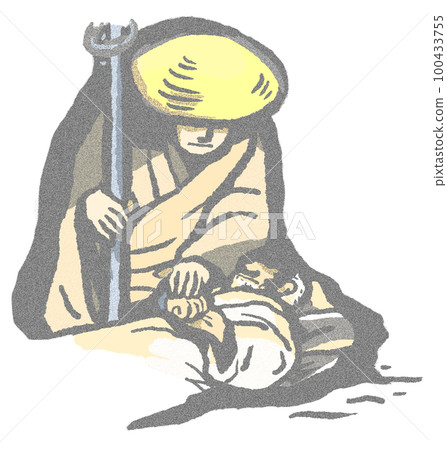 衛門三郎和弘法大師重逢的場景，古風的感覺就像寫在淺色凹凸紙上 100433755