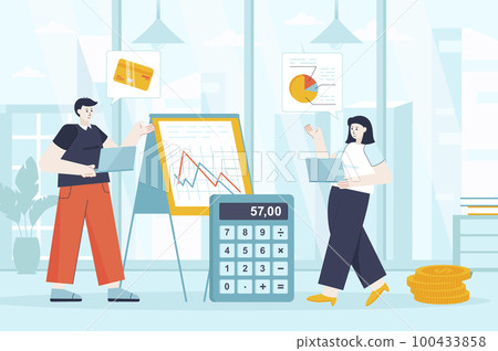 Financial management concept in flat design. Employees work in office scene. Man and woman analysis data graphics, accounting, investment. Vector illustration of people characters for landing page Financial management concept in flat design. Employees work in office scene. Man and woman analysis data graphics, accounting, investment. Vector illustration of people characters for landing page 100433858