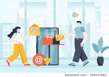 Mobile email service concept in flat design. Colleagues work at office scene. Man and woman sending newsletter, messaging, business marketing. Vector illustration of people characters for landing page Mobile email service concept in flat design. Colleagues work at office scene. Man and woman sending newsletter, messaging, business marketing. Vector illustration of people characters for landing page 100433883