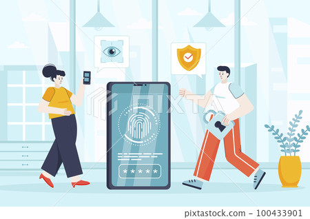 Biometric access control concept in flat design. Security service working scene. Man and woman use fingerprint scanner, access to device. Vector illustration of people characters for landing page Biometric access control concept in flat design. Security service working scene. Man and woman use fingerprint scanner, access to device. Vector illustration of people characters for landing page 100433901