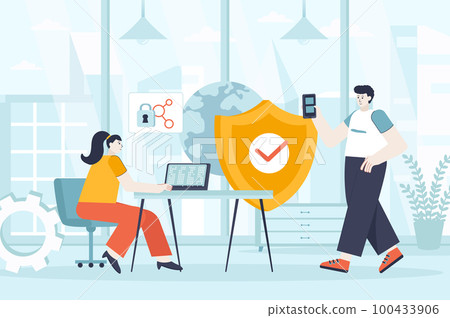 Network security concept in flat design. Security service works in office scene. Man and woman provide Internet protection, access to data. Vector illustration of people characters for landing page 100433906