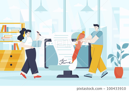 Electronic contract concept in flat design. Concluding deal, signing documents scene. Man and woman sign official paper at business meeting. Vector illustration of people characters for landing page Electronic contract concept in flat design. Concluding deal, signing documents scene. Man and woman sign official paper at business meeting. Vector illustration of people characters for landing page 100433910