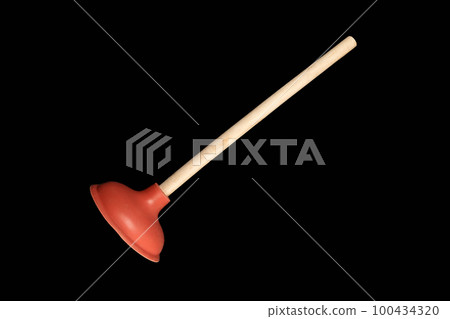 Red toilet plunger, Isolate on black background. Plumbers drain cleaner tool. Equipment for clearing blockages. Red toilet plunger, Isolate on black background. Plumbers drain cleaner tool. Equipment for clearing blockages. 100434320