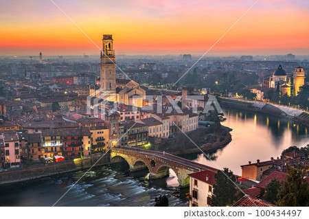 Verona, Italy town skyline on the Adige River 100434497