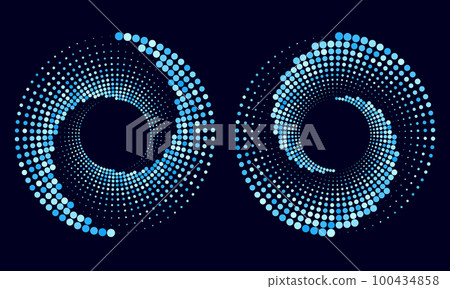 Halftone spiral as icon or background. Abstract blue vector circle frame with dots as logo or emblem. Swirl border isolated on the black background for your design. Halftone spiral as icon or background. Abstract blue vector circle frame with dots as logo or emblem. Swirl border isolated on the black background for your design. 100434858