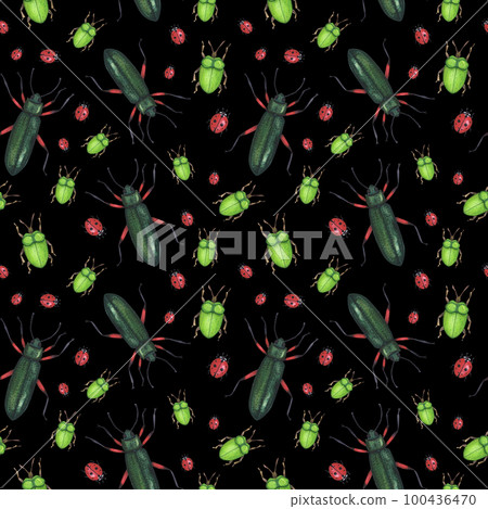 Seamless pattern realistic beetles insect isolated on white background. Watercolor hand drawn animal bugs llustration 100436470