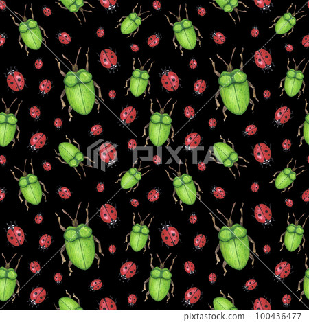 Seamless pattern realistic beetles insect isolated on black background. Watercolor hand drawn animal bugs llustration 100436477