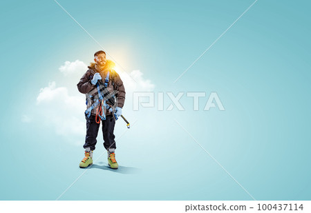Mountaineer ready for adventure . Mixed media 100437114
