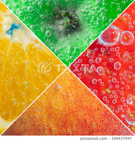 Background of fruits. Mixed ripe fruits. Fresh food, colorful healthy fruit collage. Square photo Background of fruits. Mixed ripe fruits. Fresh food, colorful healthy fruit collage. Square photo 100437947