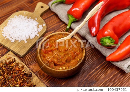 Balkan snack of bell pepper Ajvar and eggplant. Vegan food. Healthy eating 100437961