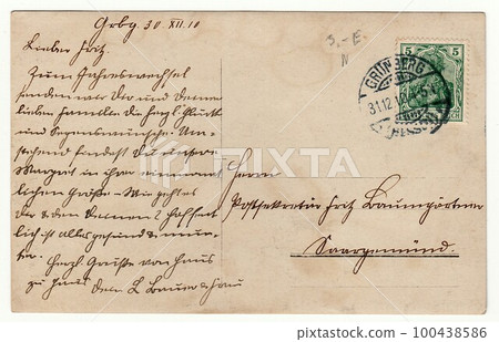 Back of a vintage photo - used postcard. Rich stain and paper details. Can be used as background. Image contains handwriting. 100438586