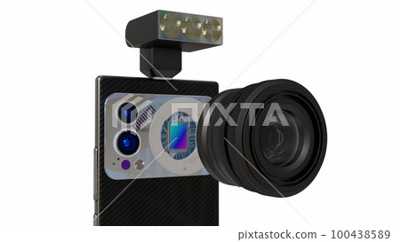 Future Smartphone Concept Illustration. This high-quality, detailed 3D rendering depicts a futuristic smartphone with interchangeable lens, big sensor and an external flash. The illustration showcases Future Smartphone Concept Illustration. This high-quality, detailed 3D rendering depicts a futuristic smartphone with interchangeable lens, big sensor and an external flash. The illustration showcases 100438589