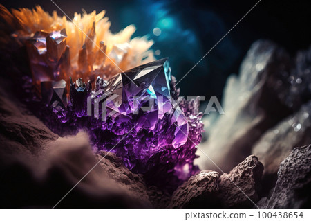 amethyst crystal, artificial illustration of the shimmering mineral, arranged and presented in a dark cave, made with generative ai 100438654