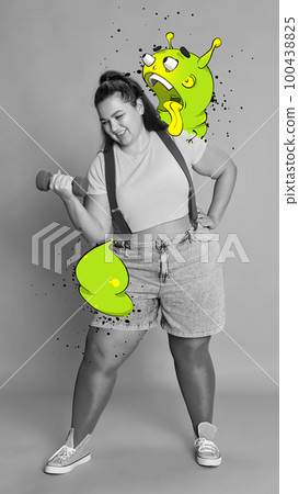 Contemporary art collage. Conceptual design. Black and white image of overweight woman doing sports with colorful cartoon style character on shoulder Contemporary art collage. Conceptual design. Black and white image of overweight woman doing sports with colorful cartoon style character on shoulder 100438825