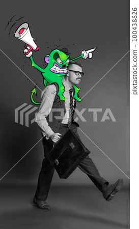 Contemporary art collage. Conceptual design. Black and white image of businessman walking to work with colorful cartoon style character on shoulder Contemporary art collage. Conceptual design. Black and white image of businessman walking to work with colorful cartoon style character on shoulder 100438826
