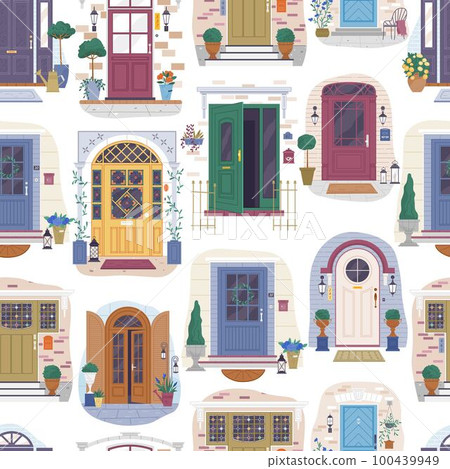 Set of different house entrances, porches and closed doors. Entries to apartments with potted plants 100439949