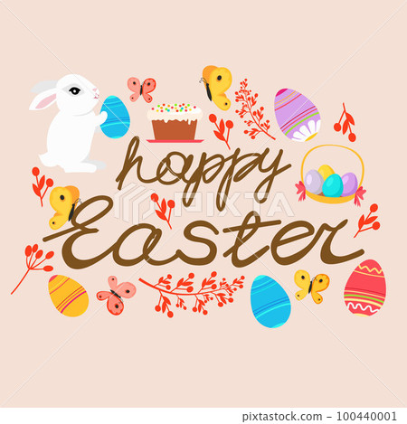 Easter poster and banner template with Easter eggs. Greetings and presents for Easter Day with rabbit. 100440001