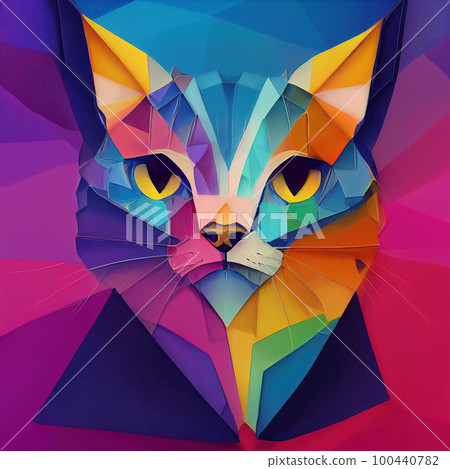 Multicolor patterned cat portrait. Decorative colorful geometric cat head. AI-generated Multicolor patterned cat portrait. Decorative colorful geometric cat head. AI-generated 100440782