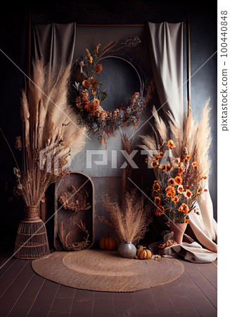 Home interior with beautiful ethnic boho decoration 100440848