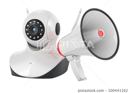 Megaphone with Internet Protocol camera, 3D rendering Megaphone with Internet Protocol camera, 3D rendering 100441162