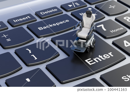 Motorized Power Chair on laptop keyboard, 3D rendering Motorized Power Chair on laptop keyboard, 3D rendering 100441163