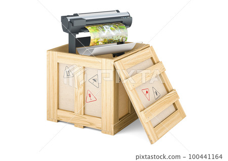 Plotter, large format inkjet printer inside wooden box, delivery concept. 3D rendering 100441164
