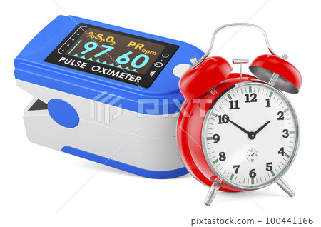 Portable Pulse Oximetry, pulse oximeter fingertip with alarm clock, 3D rendering 100441166