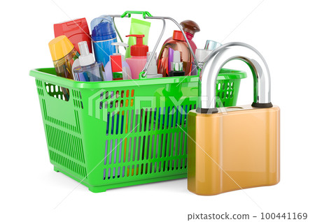 Shopping basket with cosmetic products with padlock, 3D rendering 100441169