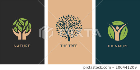 Tree logo collection. Luxury logo templates . Tree of life branch with leaves, green house, nature Tree logo collection. Luxury logo templates . Tree of life branch with leaves, green house, nature 100441209