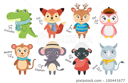 Wildlife animals collection . Flat design cartoon characters . Crocodile Fox Deer Owl Monkey Elephant Sheep Rhinoceros . Vector . Wildlife animals collection . Flat design cartoon characters . Crocodile Fox Deer Owl Monkey Elephant Sheep Rhinoceros . Vector . 100441677