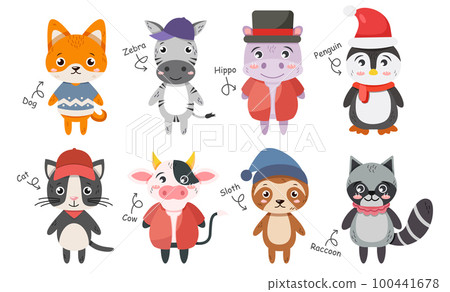 Wildlife animals collection . Flat design cartoon characters . Shiba inu dog Zebra Hippopotamus Penguin Cat Cow Sloth bear Raccoon . Vector . Wildlife animals collection . Flat design cartoon characters . Shiba inu dog Zebra Hippopotamus Penguin Cat Cow Sloth bear Raccoon . Vector . 100441678