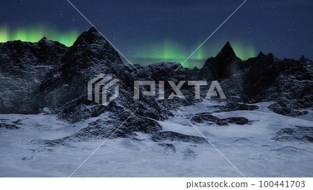 Rocky Mountain Landscape at night with Stars and Northern Lights in Sky. Rocky Mountain Landscape at night with Stars and Northern Lights in Sky. 100441703