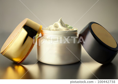 One open jar of cosmetic cream, with a gold and black lid, stand side by side 100442738