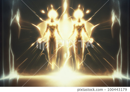 Levitating human soul in heaven. Astral body and after life concept. Transfer of human consciousness to another world. Created with Generative AI 100443179