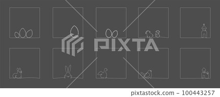 Easter continuous one line hand drawing frames pack. Vector illustration isolated on black background for post in social media, invitation, greeting card. Bunny, bird, sheep, church. Editable stroke. Easter continuous one line hand drawing frames pack. Vector illustration isolated on black background for post in social media, invitation, greeting card. Bunny, bird, sheep, church. Editable stroke. 100443257