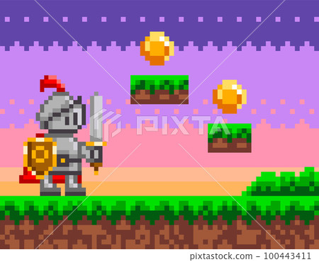 Pixel-game knight brave character. Pixelated natural landscape with warrior holding shield and sword 100443411