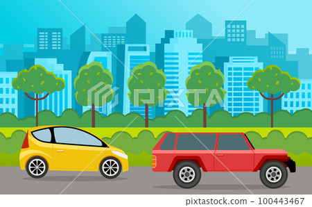Modern car parking along town street in cartoon style. Vehicles car on city street 100443467