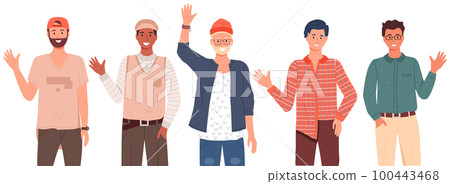 Group of men with different nationalities and cultures. Multicultural people show greeting gesture 100443468