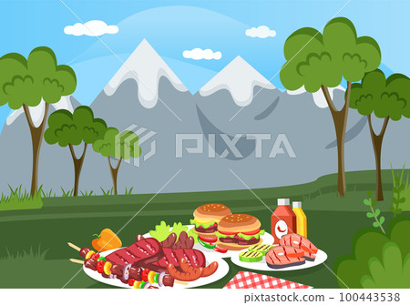 Summer picnic in nature. Product prepared for outdoor dining. Food for eating and barbecue in forest 100443538