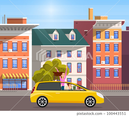 Modern car parking along town street in cartoon style. Vehicles car on city street 100443551